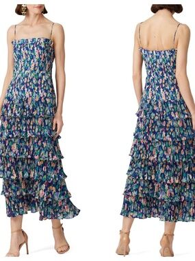 AMUR Viola Pleated Ruffle Dress Blue Floral Tiered Midi - Size 10